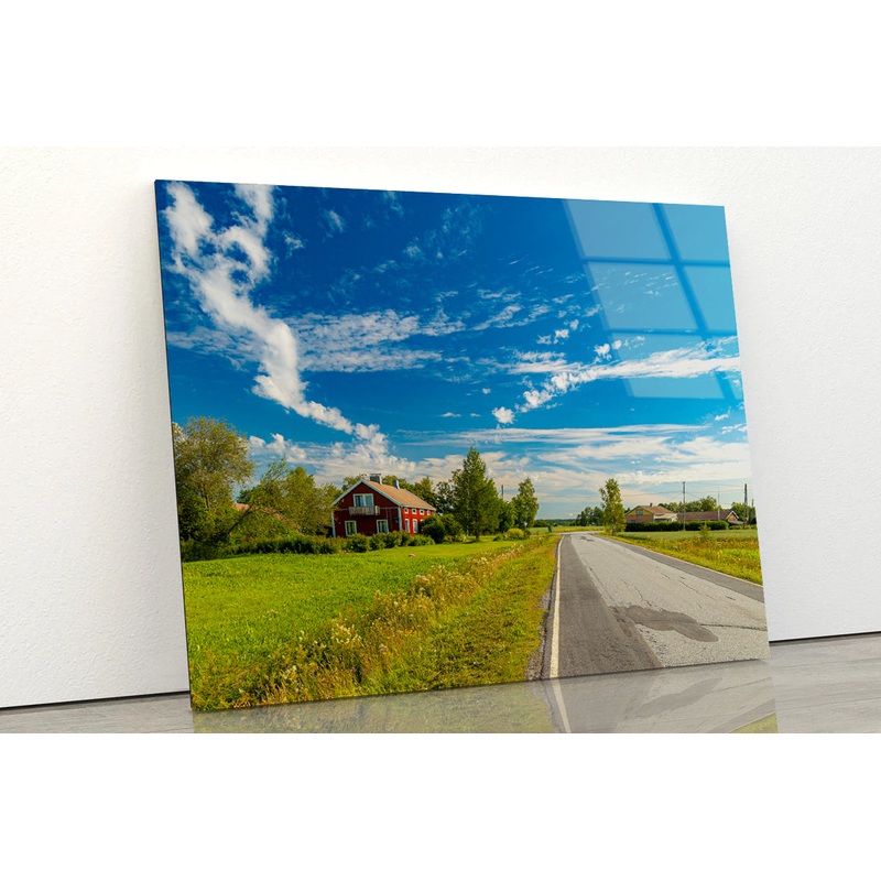 A Rural Road with Grass and Trees under a Cloudy Sky Acrylic Glass Print Tempered Glass Wall Art 100% Made in Australia Ready to Hang