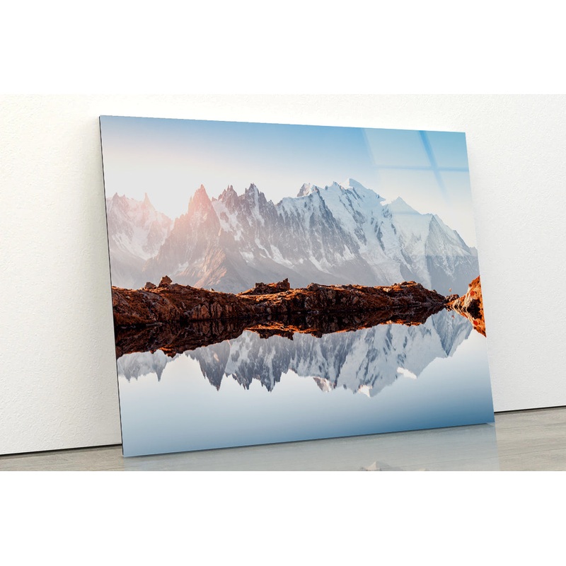 A Snow-Covered Mountain Surrounded By a Glacial Lake Acrylic Glass Print Tempered Glass Wall Art 100% Made in Australia Ready to Hang