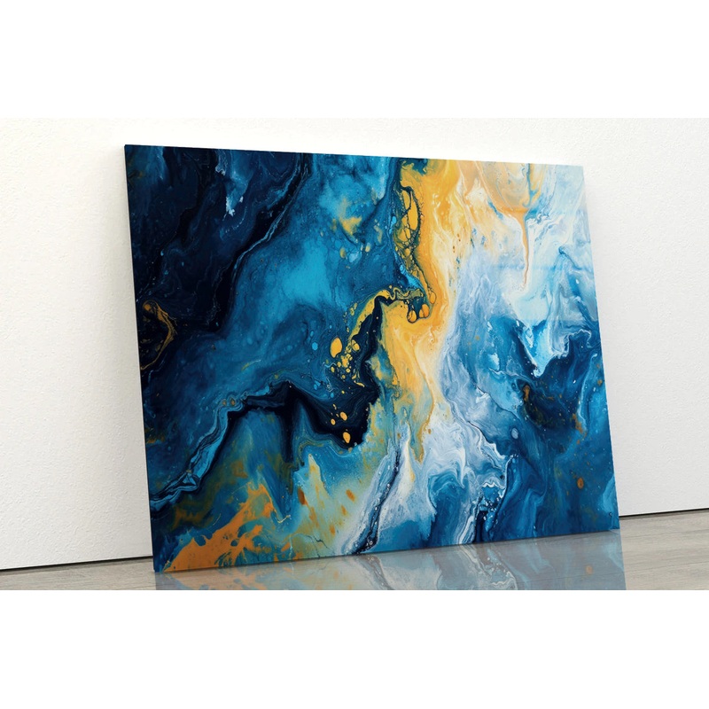 Abstract Marble Blue & Yellow Oil Paint Acrylic Glass Print Tempered Glass Wall Art 100% Made in Australia Ready to Hang