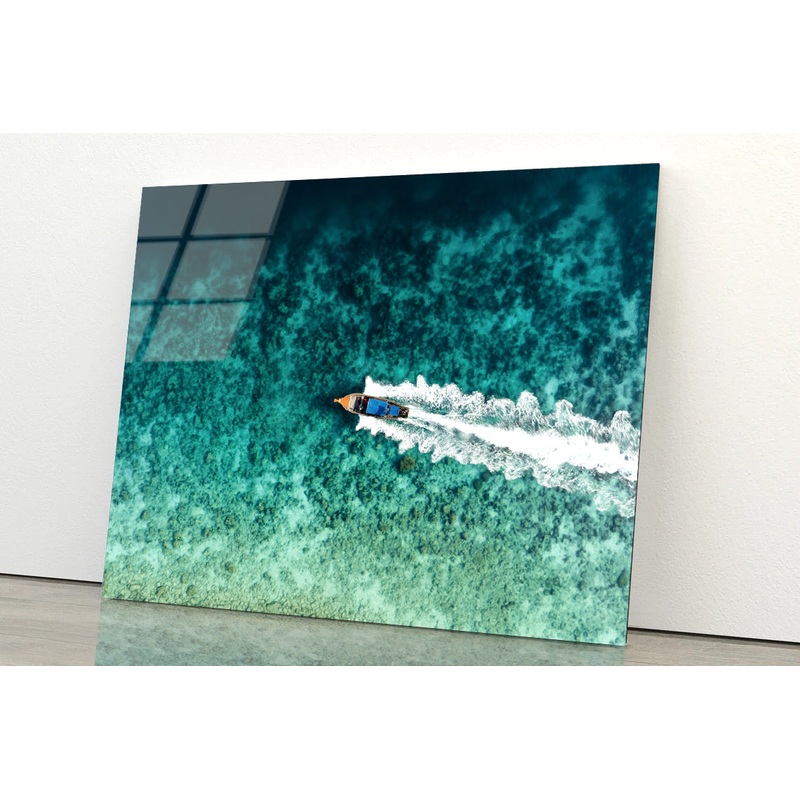 Aerial View of a Long tail Boat Sailing on a Water Acrylic Glass Print Tempered Glass Wall Art 100% Made in Australia Ready to Hang