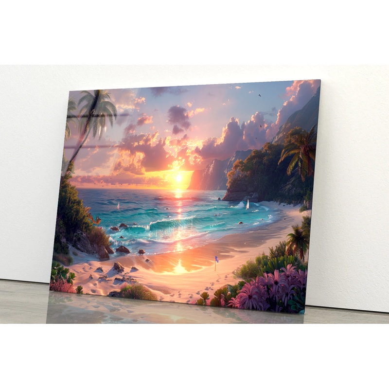 Beach Painting With Palm Trees and a Stunning Sunset Acrylic Glass Print Tempered Glass Wall Art 100% Made in Australia Ready to Hang