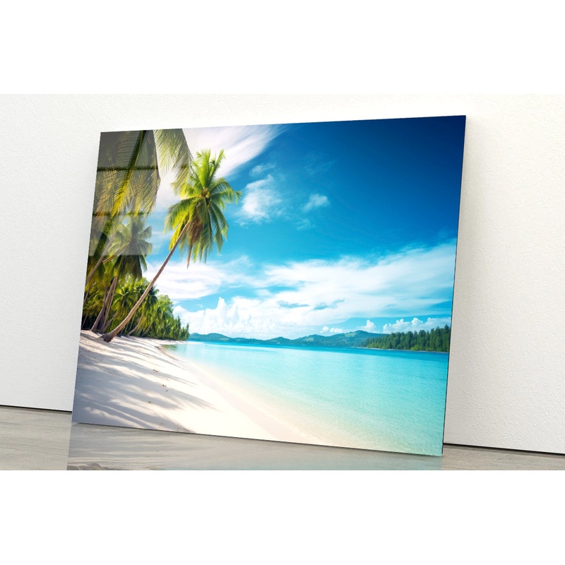 Beach with Palm Trees & a Clear Sky Acrylic Glass Print Tempered Glass Wall Art 100% Made in Australia Ready to Hang