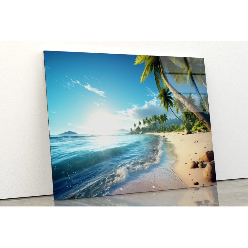 Beach with Sky & Palm Trees Acrylic Glass Print Tempered Glass Wall Art 100% Made in Australia Ready to Hang