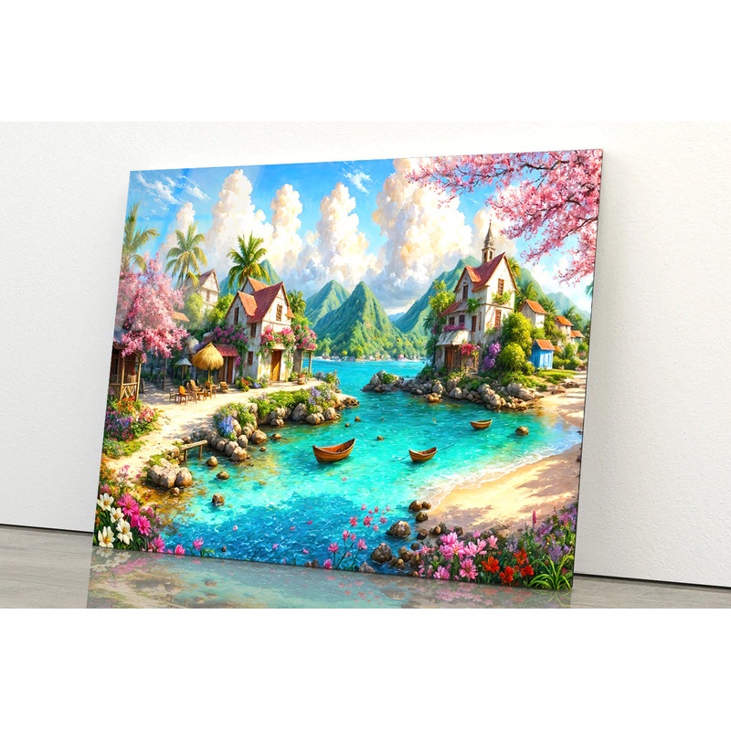 Beautiful Painting of a Lakeside Village with Mountains Acrylic Glass Print Tempered Glass Wall Art 100% Made in Australia Ready to Hang