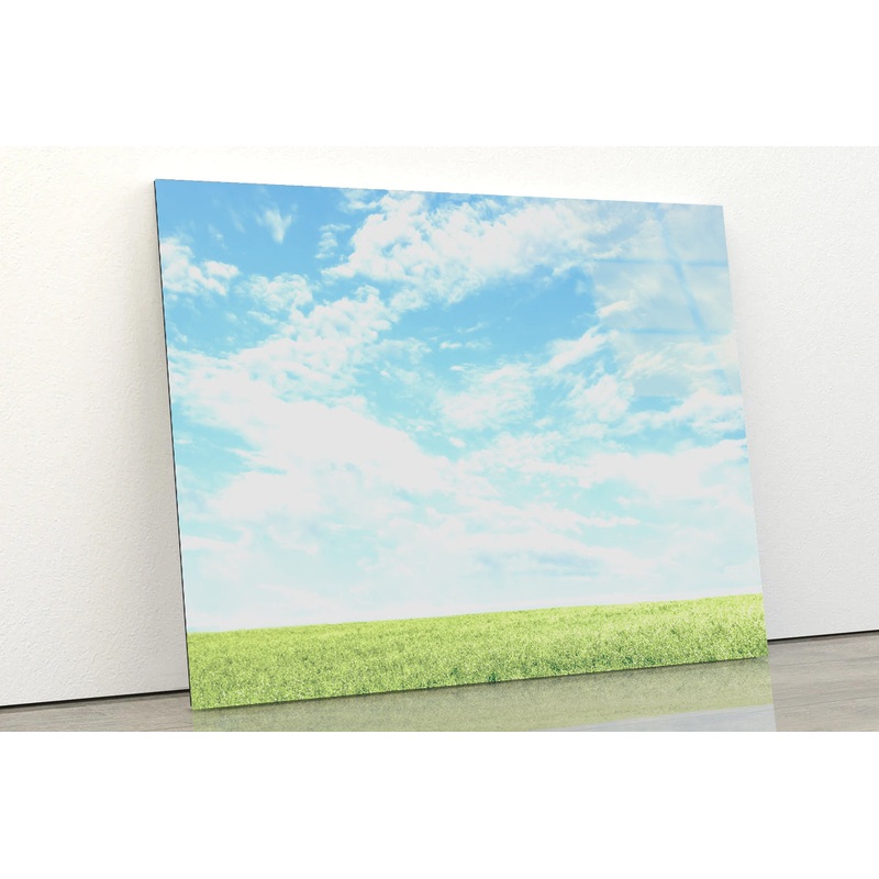Beautiful Scenic View of Grassy Field and Blue Sky Acrylic Glass Print Tempered Glass Wall Art 100% Made in Australia Ready to Hang