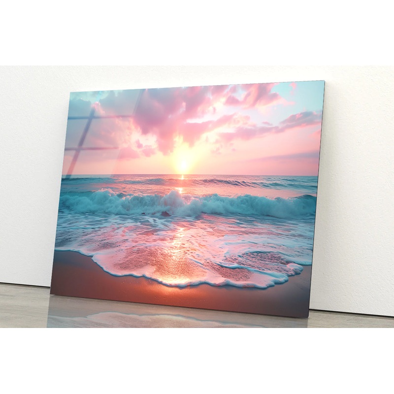 Beautiful Sunset over a Pink Sandy Beach View Acrylic Glass Print Tempered Glass Wall Art 100% Made in Australia Ready to Hang
