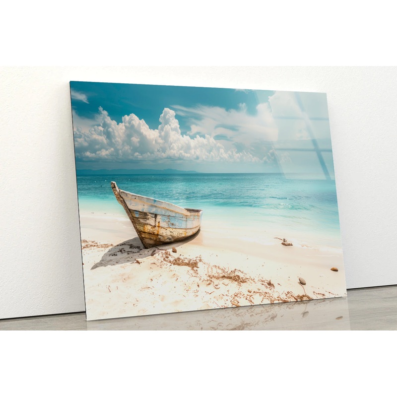 Boat Sits On the Golden Sand of a Beach Acrylic Glass Print Tempered Glass Wall Art 100% Made in Australia Ready to Hang