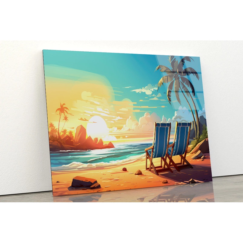 Chairs on a Beach with Palm Trees and the Ocean Acrylic Glass Print Tempered Glass Wall Art 100% Made in Australia Ready to Hang