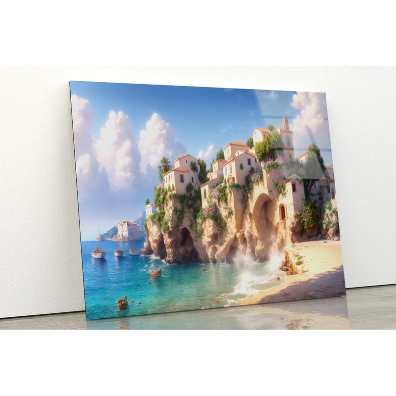 Colorful Beach Scene with Charming Houses Acrylic Glass Print Tempered Glass Wall Art 100% Made in Australia Ready to Hang