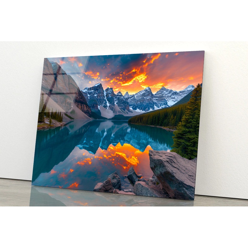 Colorful Sunrise View of Moraine Lake & Mountains Acrylic Glass Print Tempered Glass Wall Art 100% Made in Australia Ready to Hang