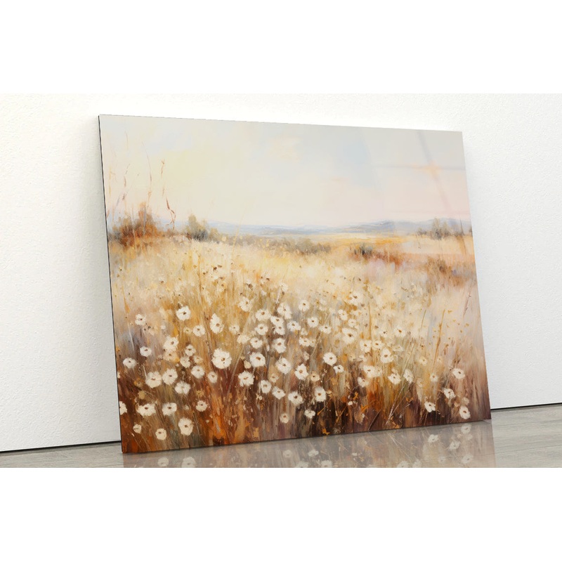 Daisy Field Painting Grassland with a Sky & Clouds Acrylic Glass Print Tempered Glass Wall Art 100% Made in Australia Ready to Hang