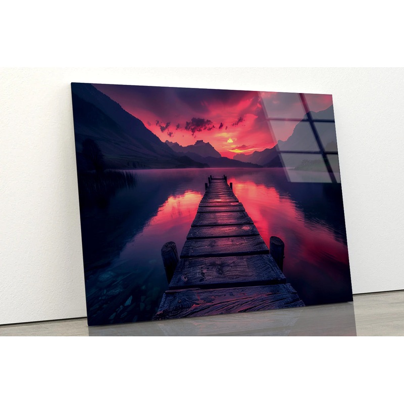 Dock Extending Into a Lake with a Sunset Acrylic Glass Print Tempered Glass Wall Art 100% Made in Australia Ready to Hang