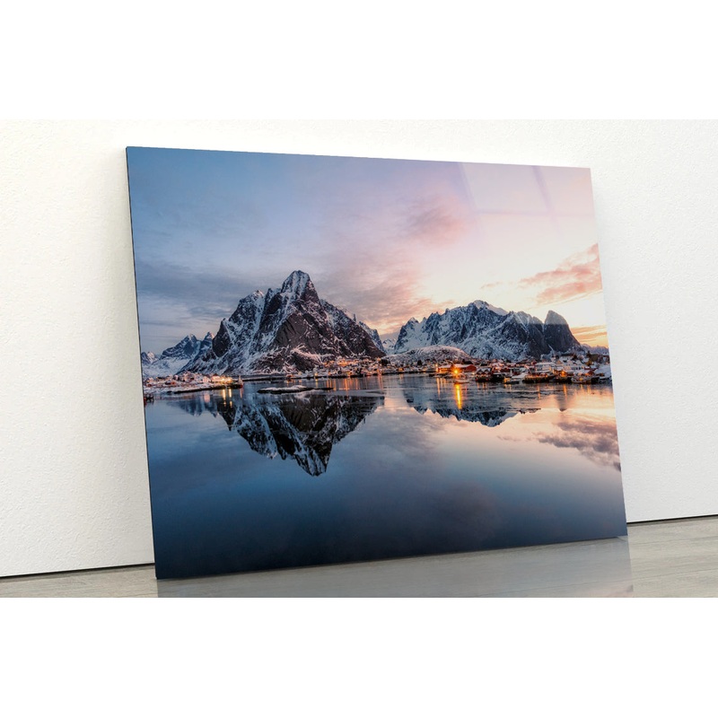 Fishing Village with Snow Mountain at Sunrise Acrylic Glass Print Tempered Glass Wall Art 100% Made in Australia Ready to Hang