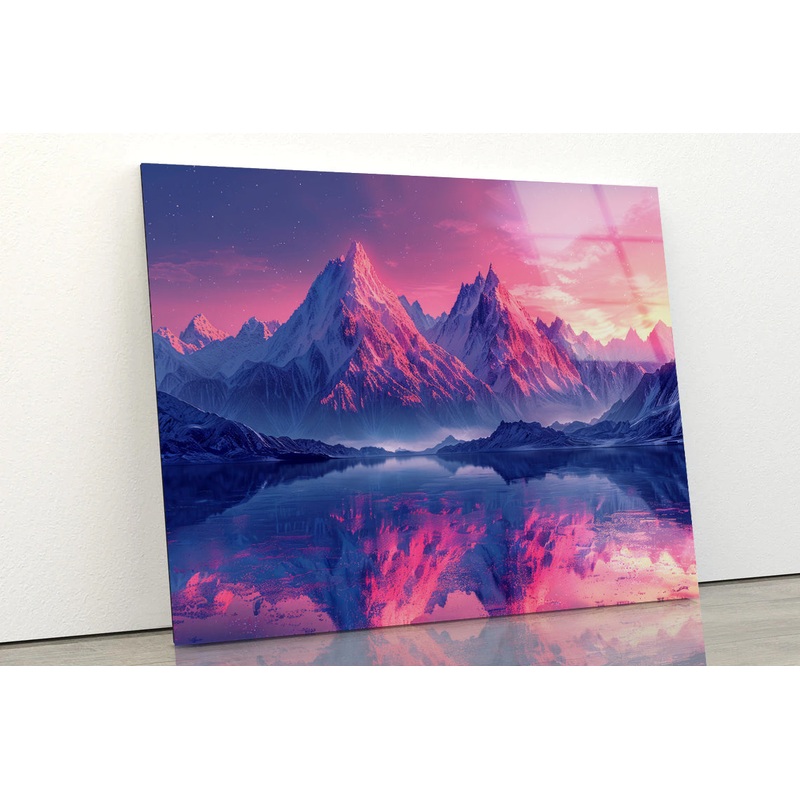 Pink Sunset Over Snowy Mountain & Lake Acrylic Glass Print Tempered Glass Wall Art 100% Made in Australia Ready to Hang