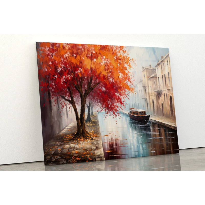 Red Tree, Street View of Venice Oil Painting Acrylic Glass Print Tempered Glass Wall Art 100% Made in Australia Ready to Hang
