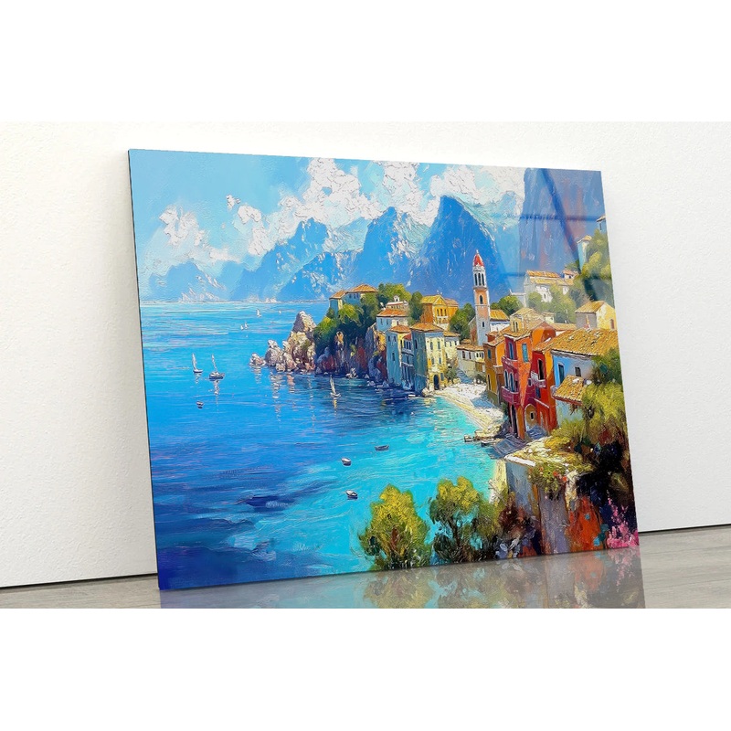 Seaside Town with Mountains & Houses Acrylic Glass Print Tempered Glass Wall Art 100% Made in Australia Ready to Hang