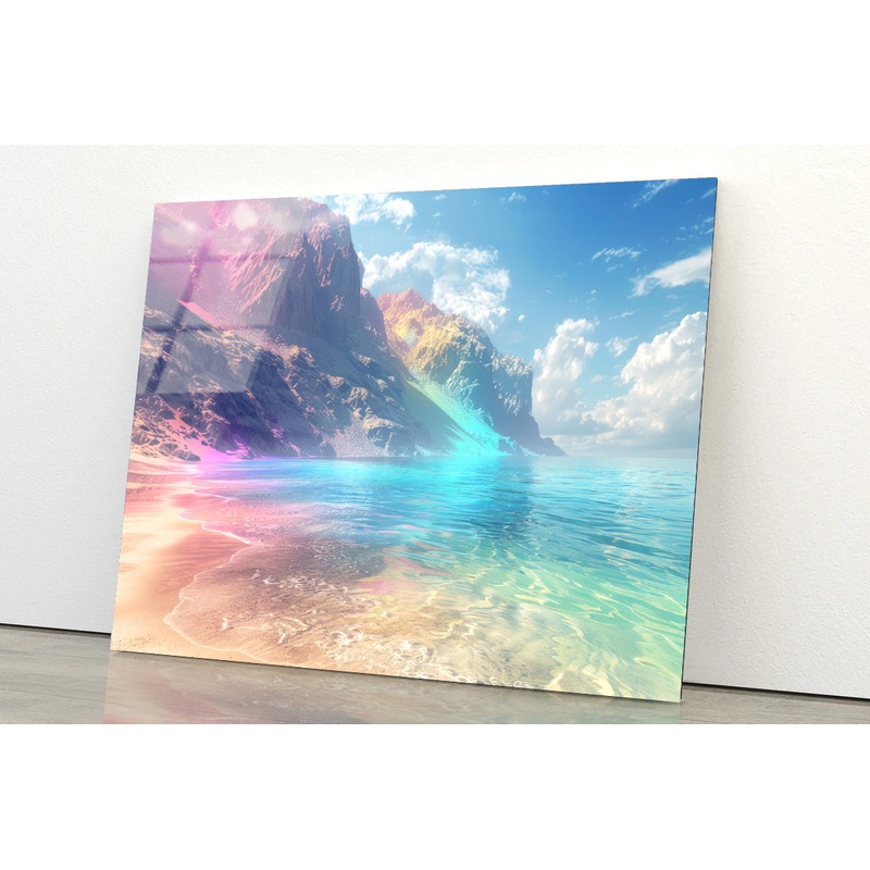 Serene Beach with Colorful Sunrise & Mountain Acrylic Glass Print Tempered Glass Wall Art 100% Made in Australia Ready to Hang