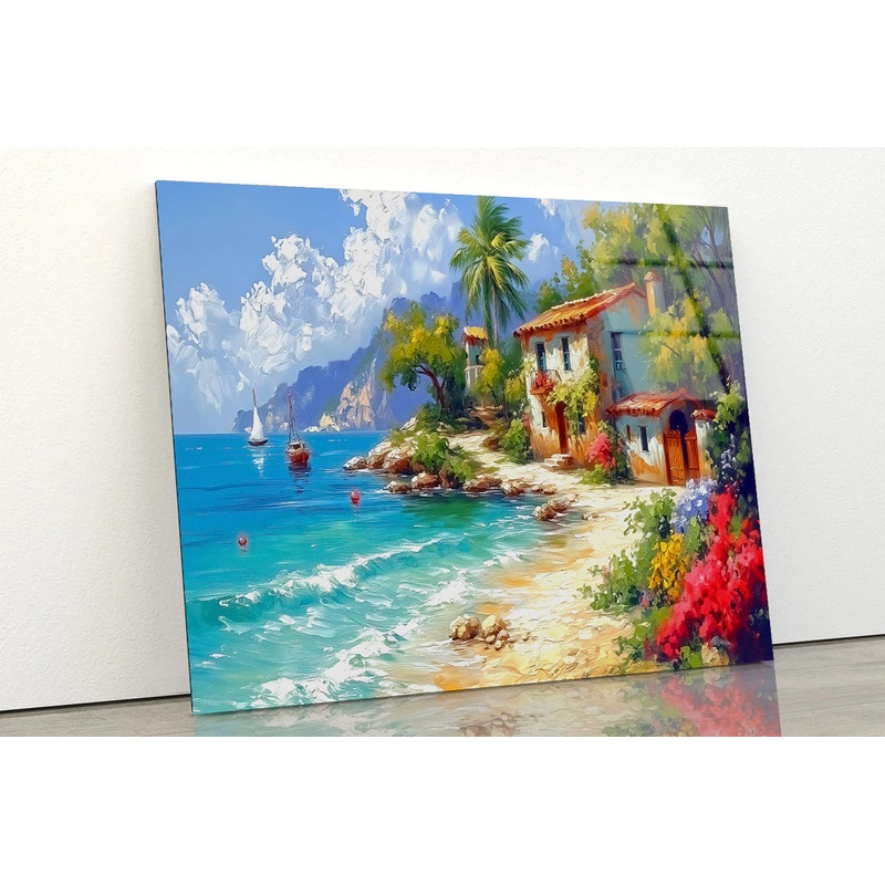 Small Town with Mountains, Summer Weather Oil Painting Acrylic Glass Print Tempered Glass Wall Art 100% Made in Australia Ready to Hang