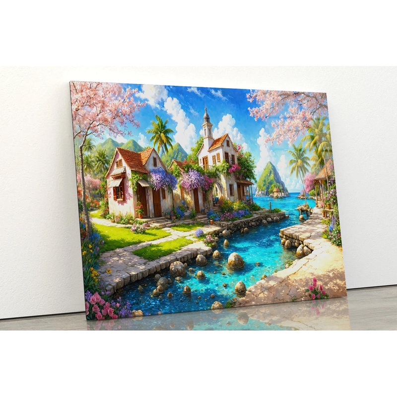 Small Town with Sea Oil Painting Acrylic Glass Print Tempered Glass Wall Art 100% Made in Australia Ready to Hang