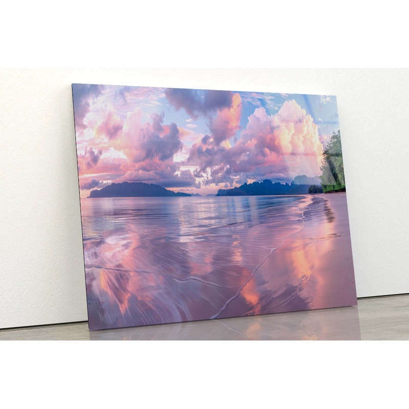 Stunning Sunset Casts Vibrant Colors over a Beach with Clouds Acrylic Glass Print Tempered Glass Wall Art 100% Made in Australia Ready to Hang