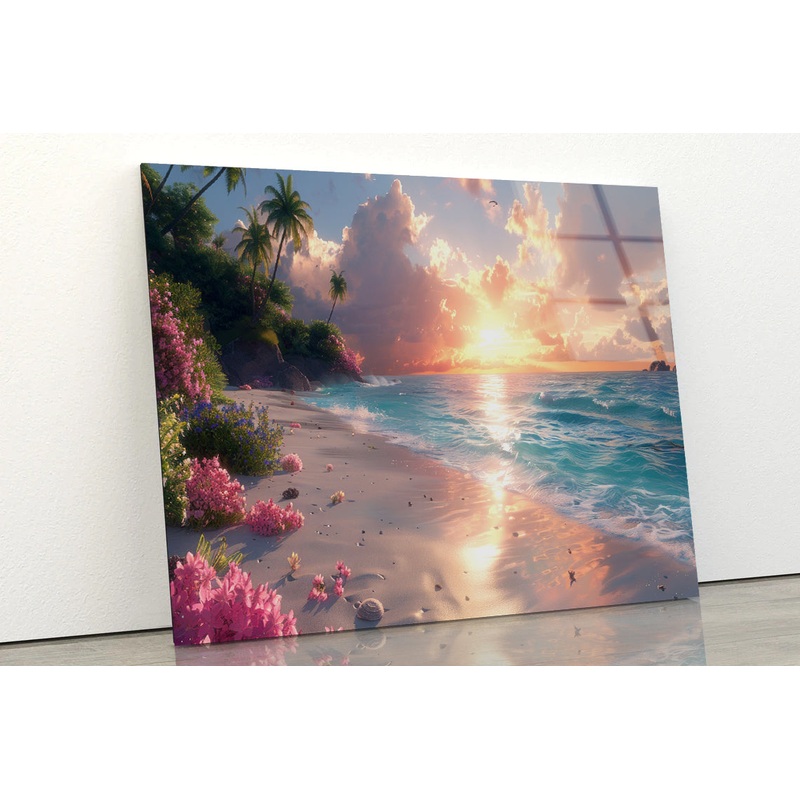 Sunny Beach with Pink Flowers & Tall Palm Trees Acrylic Glass Print Tempered Glass Wall Art 100% Made in Australia Ready to Hang