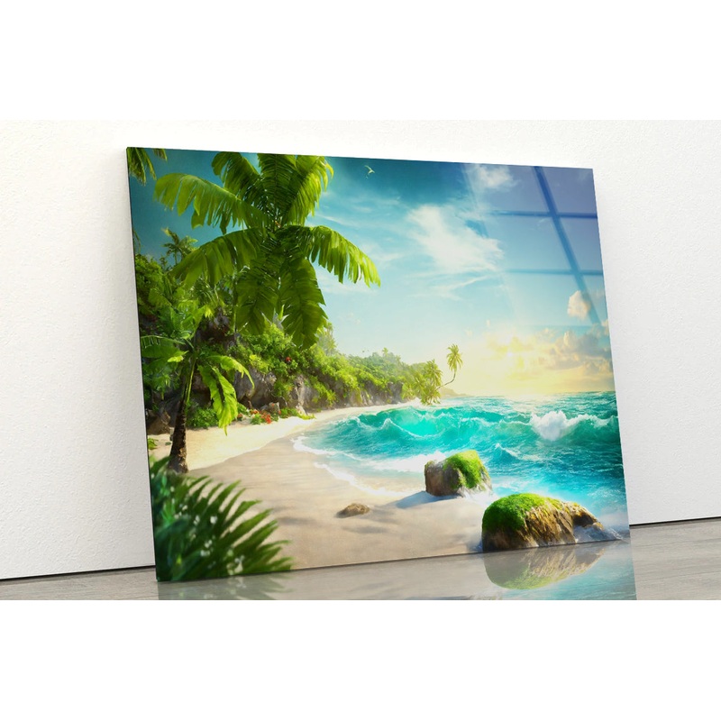 Tropical Island with Palm Trees View Acrylic Glass Print Tempered Glass Wall Art 100% Made in Australia Ready to Hang