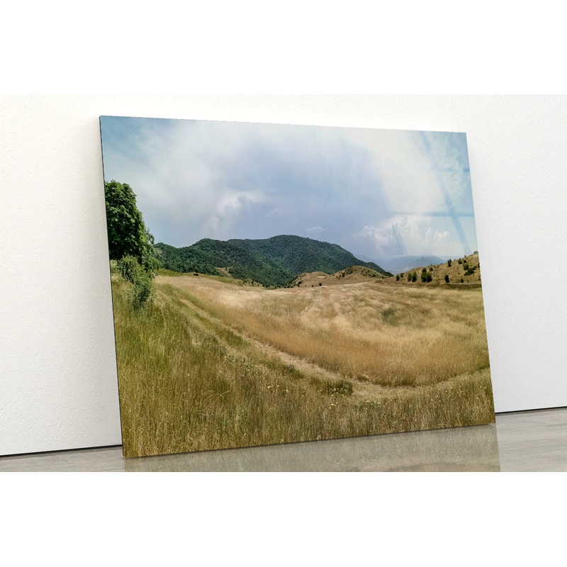 View Of a Grassy Field with Hills, Clear Sky & Clouds Acrylic Glass Print Tempered Glass Wall Art 100% Made in Australia Ready to Hang