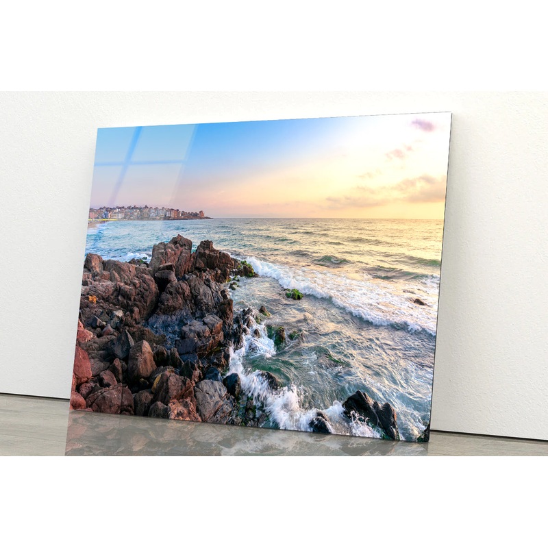 View of Ocean at Sunset with Rocks Acrylic Glass Print Tempered Glass Wall Art 100% Made in Australia Ready to Hang
