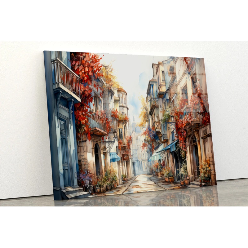 Watercolor Painting of a City Streets in autumn Acrylic Glass Print Tempered Glass Wall Art 100% Made in Australia Ready to Hang