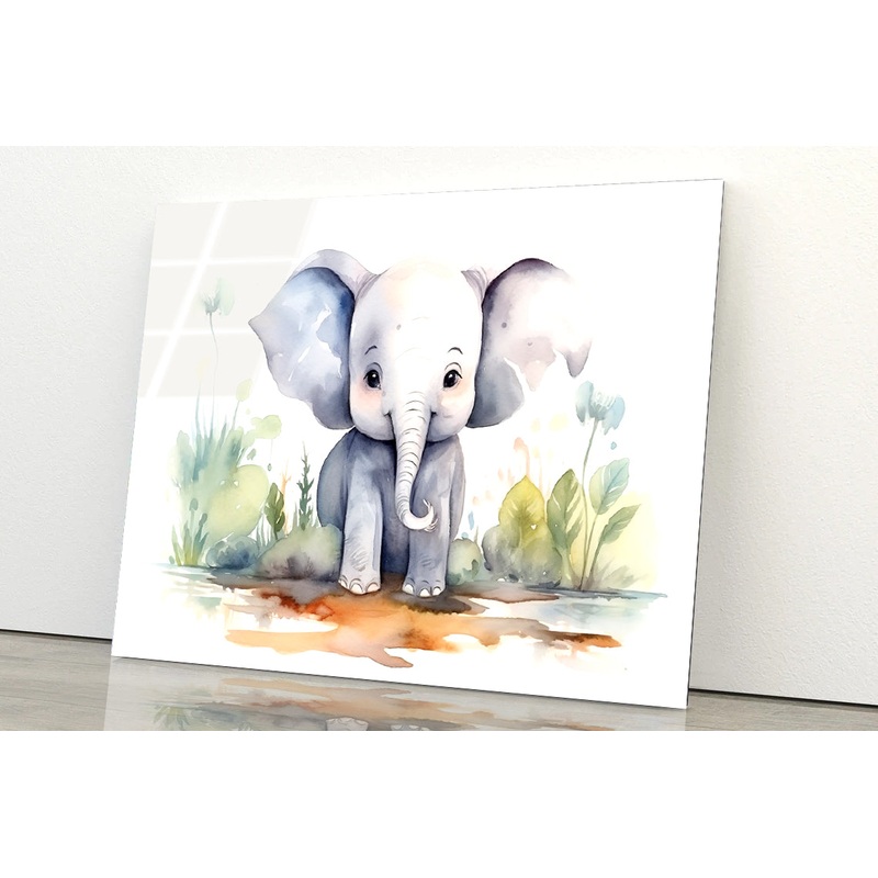 Watercolor Painting or Drawing of a Cartoon Elephant Acrylic Glass Print Tempered Glass Wall Art 100% Made in Australia Ready to Hang