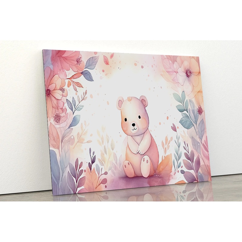 Watercolor Style of Happy Baby Bear with Flowers Acrylic Glass Print Tempered Glass Wall Art 100% Made in Australia Ready to Hang