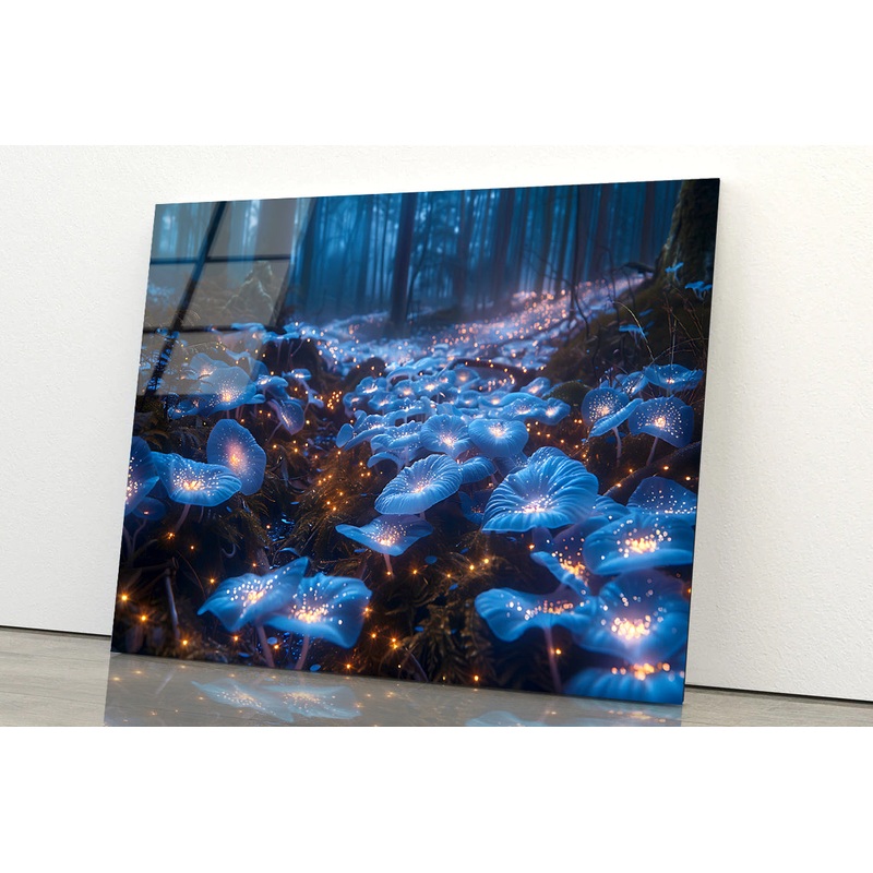 A Magical Forest Scene Filled With Glowing Mushrooms and Flowers Acrylic Glass Print Tempered Glass Wall Art 100% Made in Australia Ready to Hang