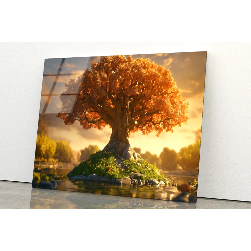 A Tree with Orange Leaves with Cloudy Sky Acrylic Glass Print Tempered Glass Wall Art 100% Made in Australia Ready to Hang