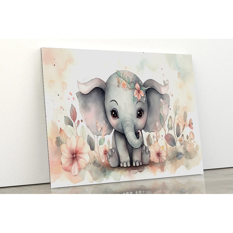 Baby Elephant Watercolor Style Acrylic Glass Print Tempered Glass Wall Art 100% Made in Australia Ready to Hang