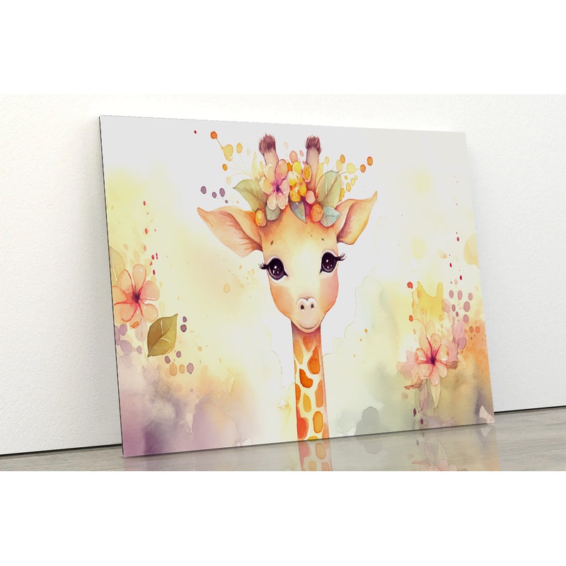 Baby Giraffe in Flower Blossom Garden Acrylic Glass Print Tempered Glass Wall Art 100% Made in Australia Ready to Hang
