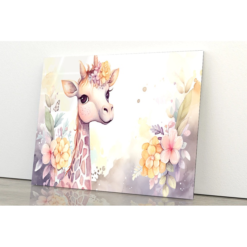 Baby Giraffe Watercolor Style Acrylic Glass Print Tempered Glass Wall Art 100% Made in Australia Ready to Hang