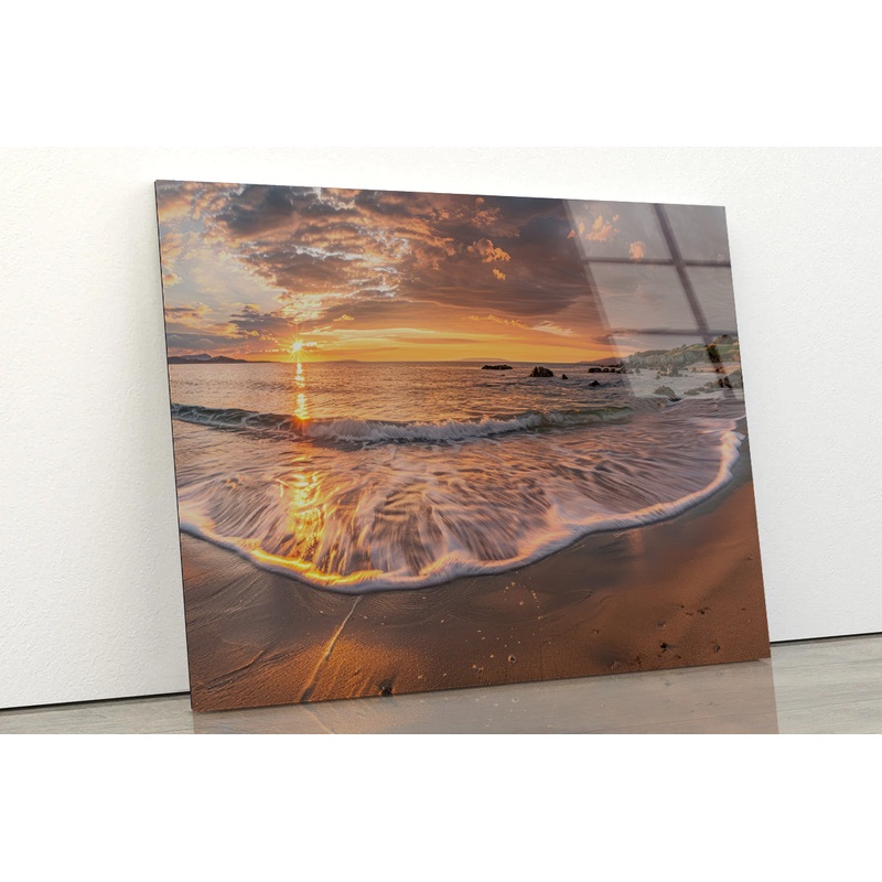 Beach Scene with Waves and a Sunset Acrylic Glass Print Tempered Glass Wall Art 100% Made in Australia Ready to Hang