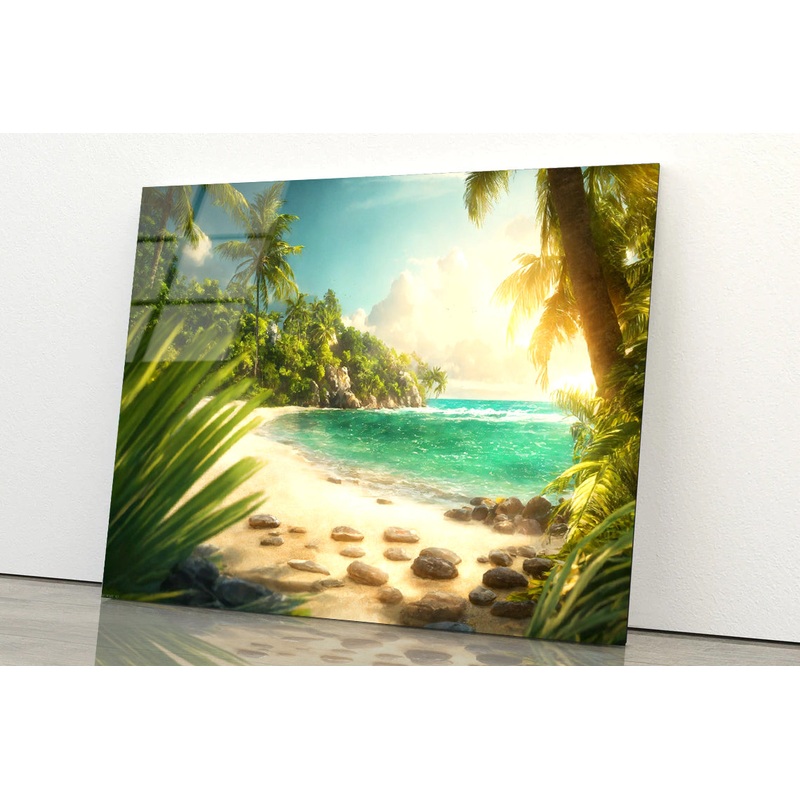 Beach with Palm Tree Acrylic Glass Print Tempered Glass Wall Art 100% Made in Australia Ready to Hang