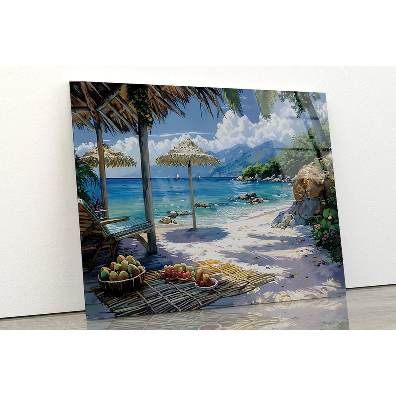 Beach with Umbrellas & Mountains View Acrylic Glass Print Tempered Glass Wall Art 100% Made in Australia Ready to Hang