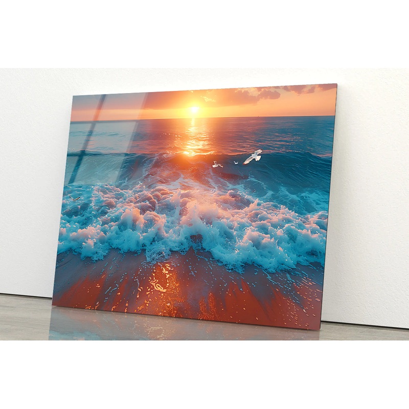 Bird Flying Over the Ocean with Sunset Acrylic Glass Print Tempered Glass Wall Art 100% Made in Australia Ready to Hang