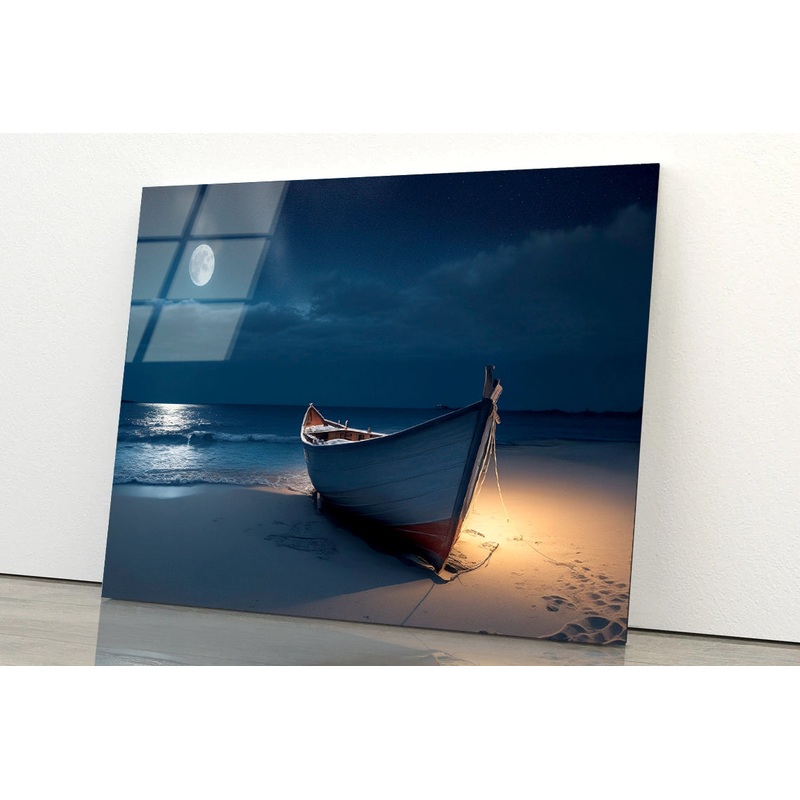 Boat on the Beach in the Night Acrylic Glass Print Tempered Glass Wall Art 100% Made in Australia Ready to Hang