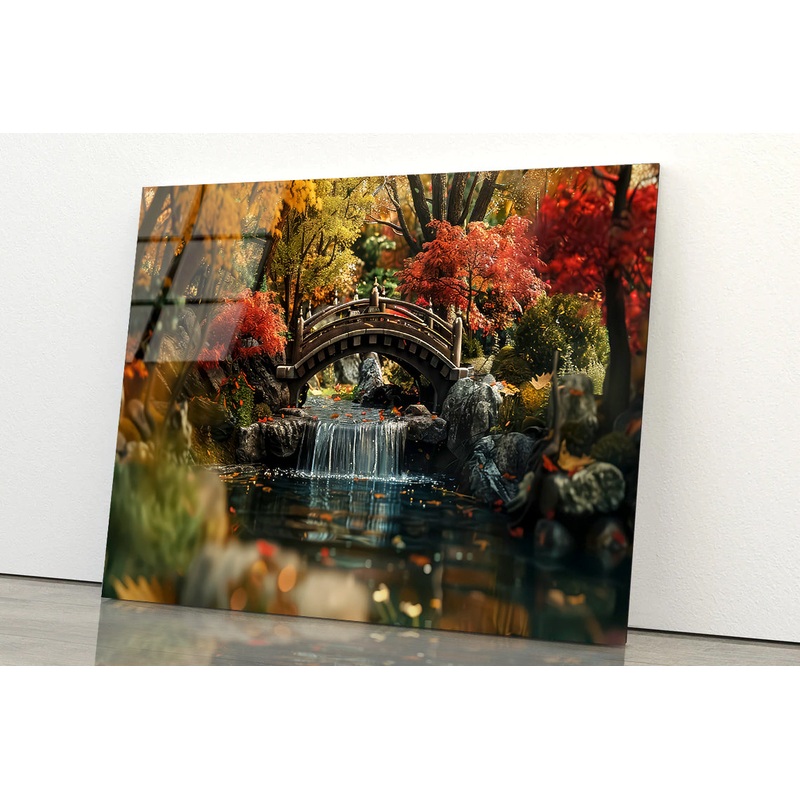 Bridge Over a River with a Waterfall and Trees Acrylic Glass Print Tempered Glass Wall Art 100% Made in Australia Ready to Hang