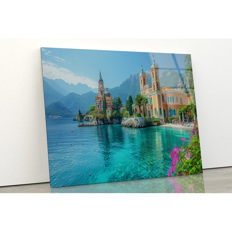 Building with a River, Mountains, Sky Acrylic Glass Print Tempered Glass Wall Art 100% Made in Australia Ready to Hang