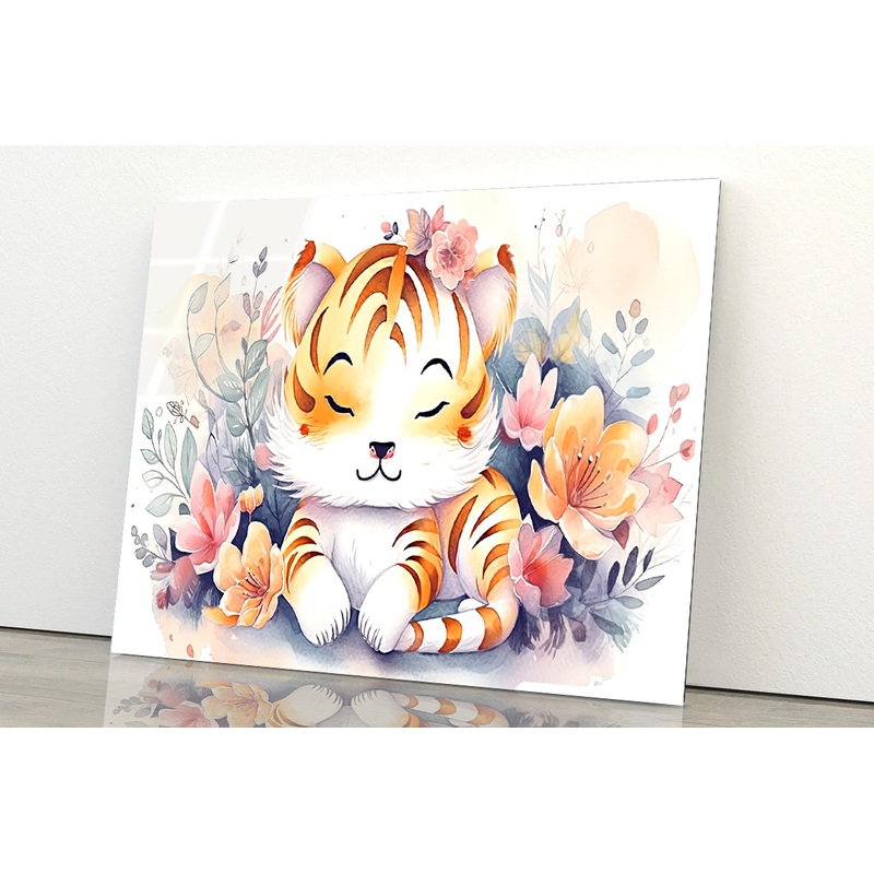 Cartoon Drawing Of a Lion with Flowers Acrylic Glass Print Tempered Glass Wall Art 100% Made in Australia Ready to Hang