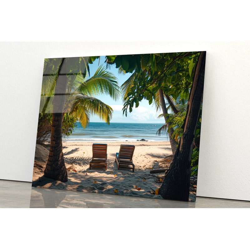 Coconut Trees and Beach Chairs Acrylic Glass Print Tempered Glass Wall Art 100% Made in Australia Ready to Hang