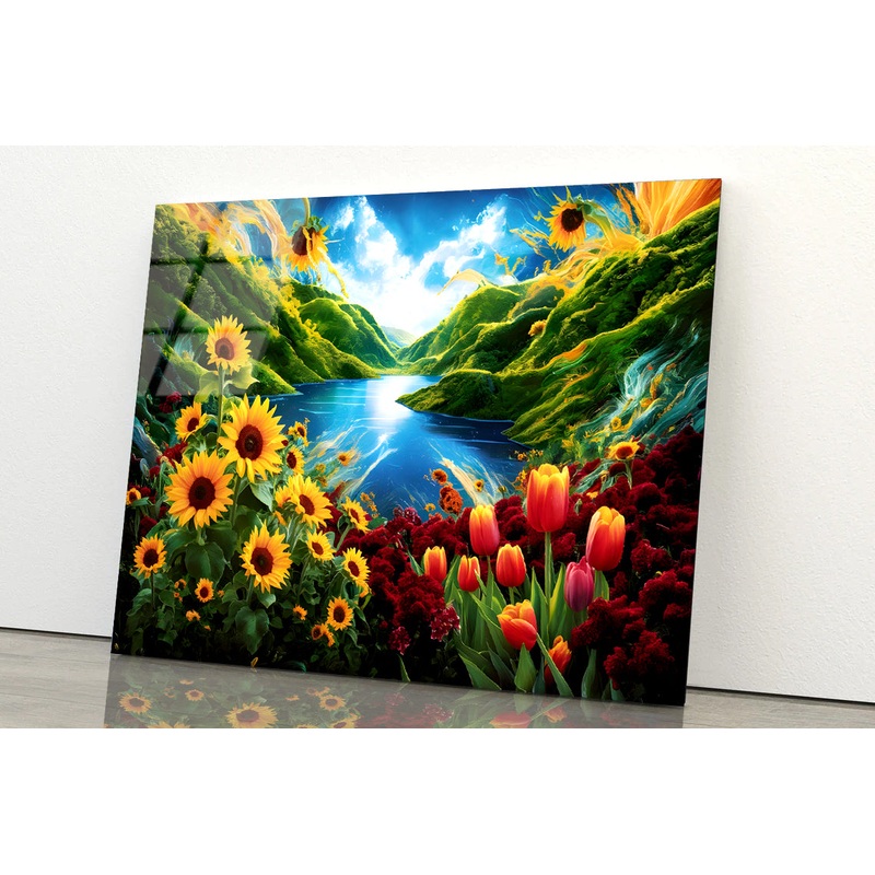 Field of Colorful Flowers under a Blue Sky with Clouds Acrylic Glass Print Tempered Glass Wall Art 100% Made in Australia Ready to Hang