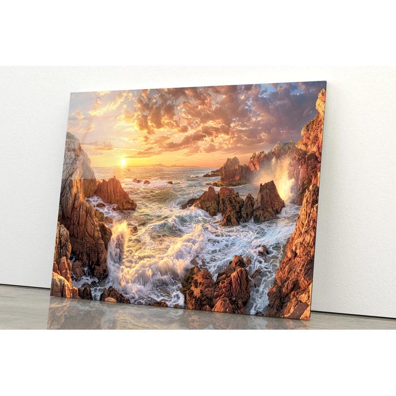 Rocky Coastline at Sunset with Waves Acrylic Glass Print Tempered Glass Wall Art 100% Made in Australia Ready to Hang