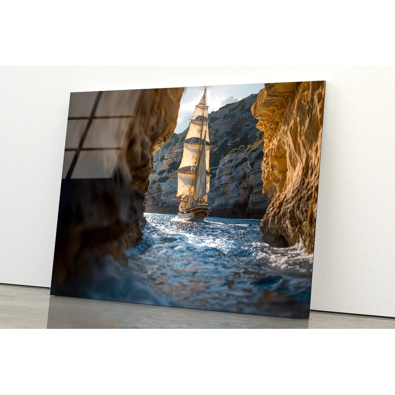 Sailboat Floating In the Water with Sky and Rocks Acrylic Glass Print Tempered Glass Wall Art 100% Made in Australia Ready to Hang