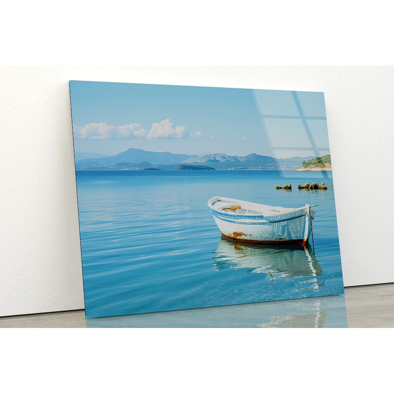 Small White Fishing Boat Floating Alone Acrylic Glass Print Tempered Glass Wall Art 100% Made in Australia Ready to Hang