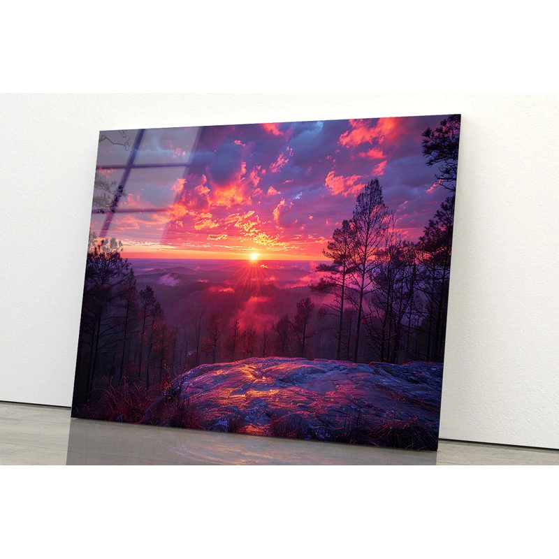 Sunset in the Mountains, Trees Acrylic Glass Print Tempered Glass Wall Art 100% Made in Australia Ready to Hang
